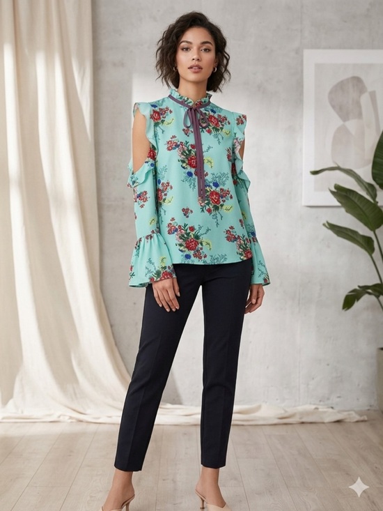 Rock & Roll Cowgirl Tops - Rock & Roll Cowgirl Mint Floral Cold Shoulder Bell Sleeve Top size XL